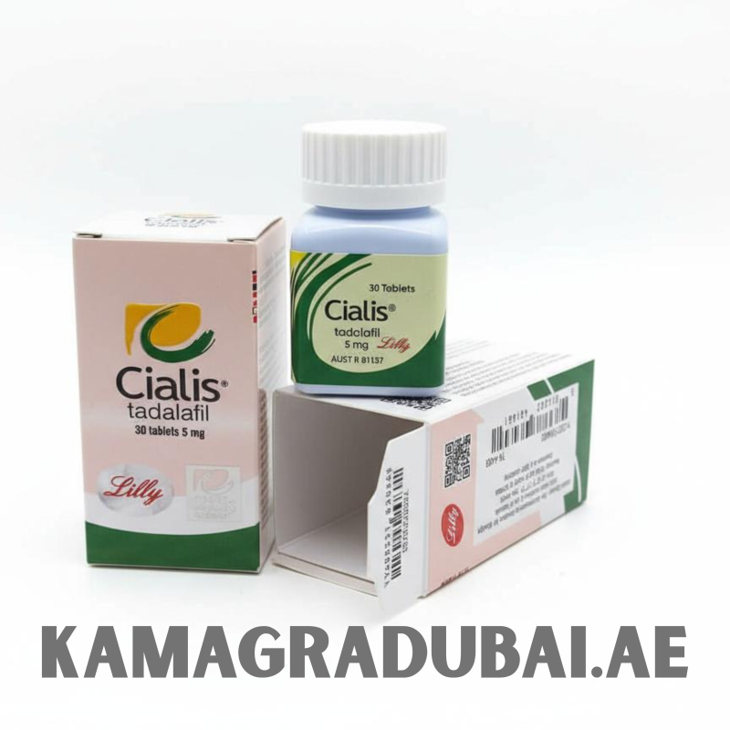 Box and bottle packaging of Cialis Tadalafil 5 mg (30 tablets) by Lilly. The light green and beige box and white bottle with green labeling indicate the medication used for treating erectile dysfunction and improving male performance.