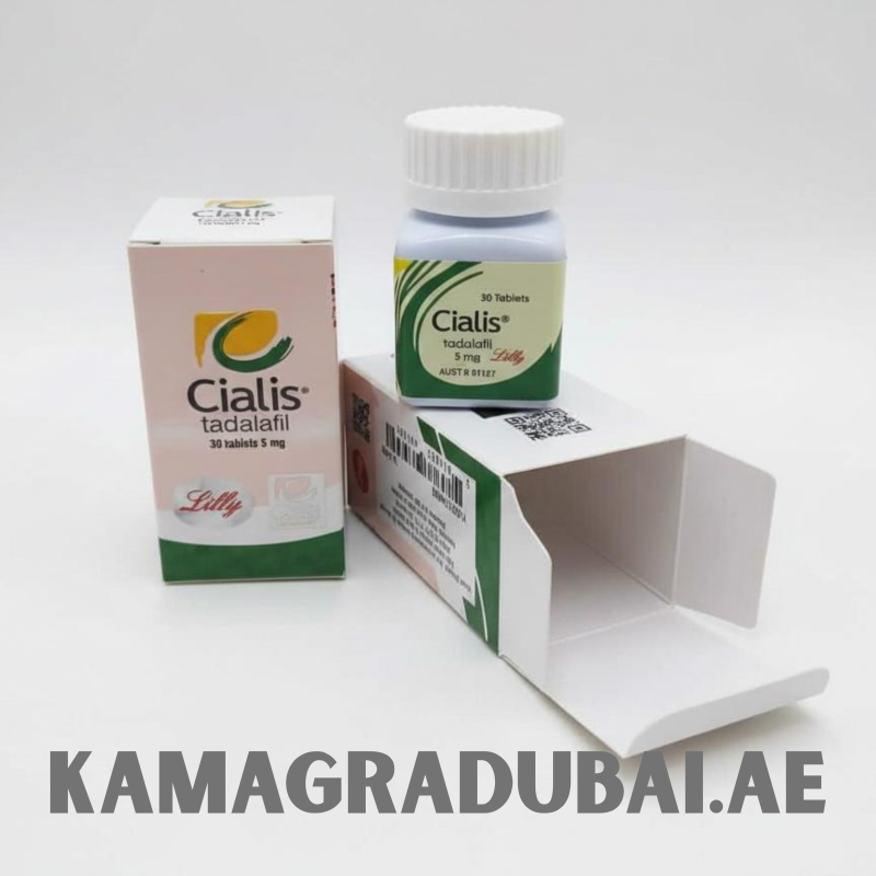 Box and bottle packaging of Cialis Tadalafil 5 mg (30 tablets) by Lilly. The light green and beige box and white bottle with green labeling indicate the medication used for treating erectile dysfunction and improving male performance.