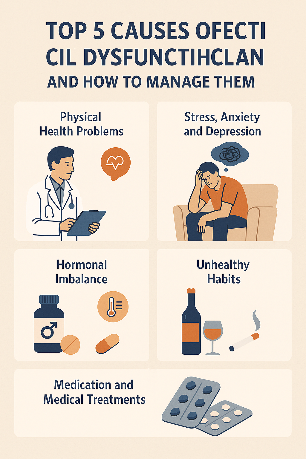 Illustration showing the top 5 causes of erectile dysfunction — physical health problems, stress and depression, hormonal imbalance, unhealthy habits, and medication side effects — with icons of a doctor, stressed man, hormone bottle, alcohol, cigarette, and pills representing each cause.