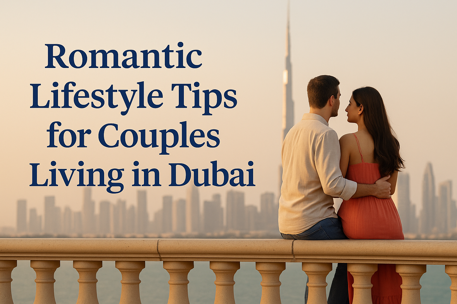 A romantic couple sits on a balcony overlooking the Dubai skyline at sunset, with the Burj Khalifa in the background and warm golden tones creating a peaceful, intimate mood.