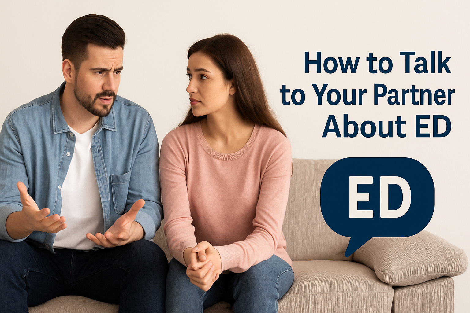 A supportive couple sitting on a couch, the man looking concerned while the woman listens and holds his hand, symbolizing open communication about erectile dysfunction.