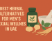 Herbal wellness feature image showing natural ingredients like ginseng and maca with bottle and mortar, titled “Best Herbal Alternatives for Men’s Sexual Wellness in UAE.”