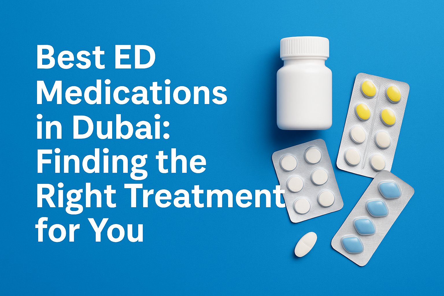 image showing ED medication blister packs and a pill bottle beside the title “Best ED Medications in Dubai: Finding the Right Treatment for You” on a blue background