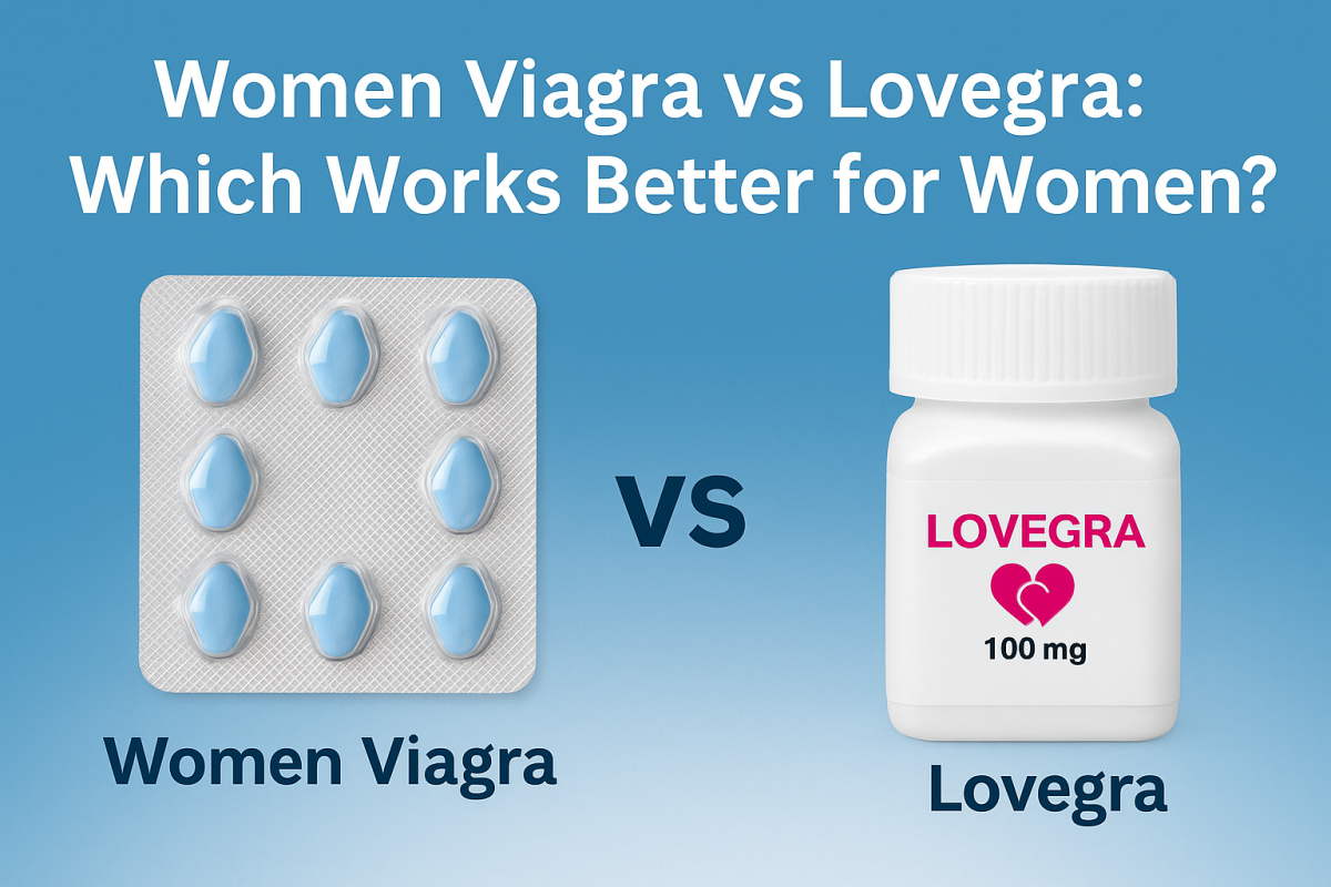 Illustration showing a pack of Women Viagra tablets on the left and a Lovegra bottle on the right, with the title “Women Viagra vs Lovegra: Which Works Better for Women?” on a blue background.
