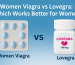 Illustration showing a pack of Women Viagra tablets on the left and a Lovegra bottle on the right, with the title “Women Viagra vs Lovegra: Which Works Better for Women?” on a blue background.