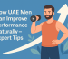 Illustration of a fit man lifting a dumbbell beside the title “How UAE Men Can Improve Performance Naturally – Expert Tips” on a clean blue background with an upward arrow.