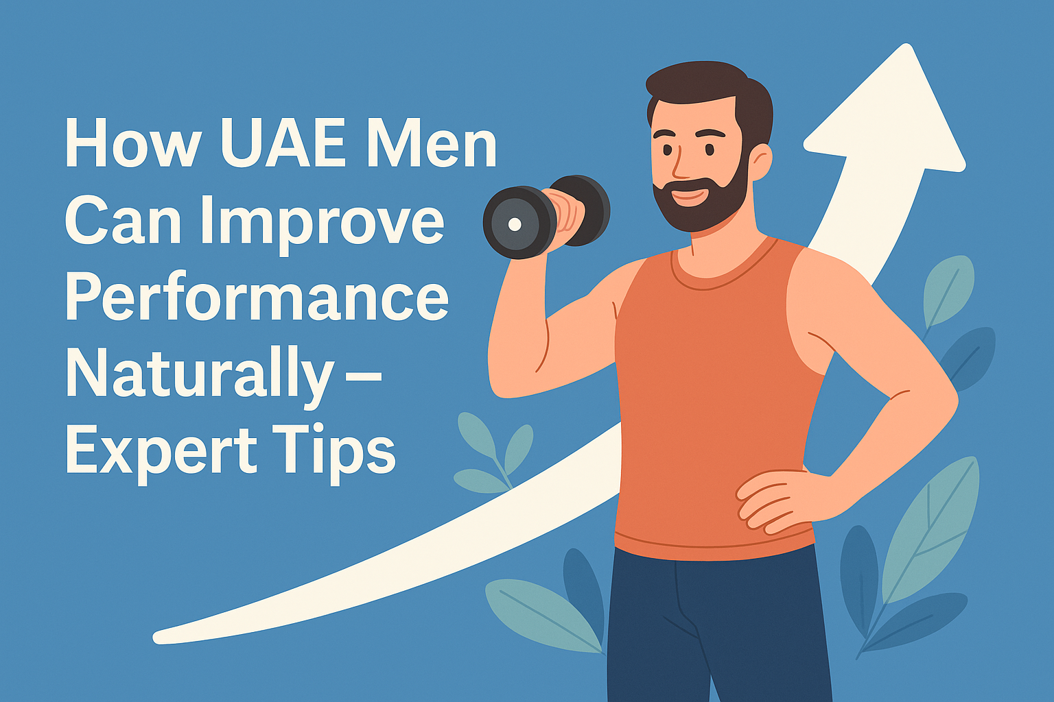 Illustration of a fit man lifting a dumbbell beside the title “How UAE Men Can Improve Performance Naturally – Expert Tips” on a clean blue background with an upward arrow.
