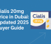Feature image displaying the title “Cialis 20mg Price in Dubai – Updated 2025 Buyer Guide” with a clean illustration of a Cialis box and blister pack on a blue background