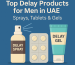 Illustration showing a delay spray bottle, tablet blister pack, and delay gel tube under the heading “Top Delay Products for Men in UAE – Sprays, Tablets & Gels” on a blue background