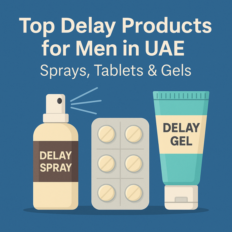 Illustration showing a delay spray bottle, tablet blister pack, and delay gel tube under the heading “Top Delay Products for Men in UAE – Sprays, Tablets & Gels” on a blue background
