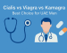 Illustration showing a doctor icon, stethoscope, and generic pill shapes with the title “Cialis vs Viagra vs Kamagra – Best Choice for UAE Men” on a blue medical-themed background