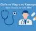 Illustration showing a doctor icon, stethoscope, and generic pill shapes with the title “Cialis vs Viagra vs Kamagra – Best Choice for UAE Men” on a blue medical-themed background