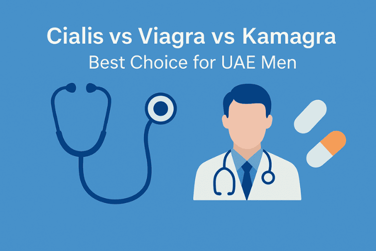 Illustration showing a doctor icon, stethoscope, and generic pill shapes with the title “Cialis vs Viagra vs Kamagra – Best Choice for UAE Men” on a blue medical-themed background