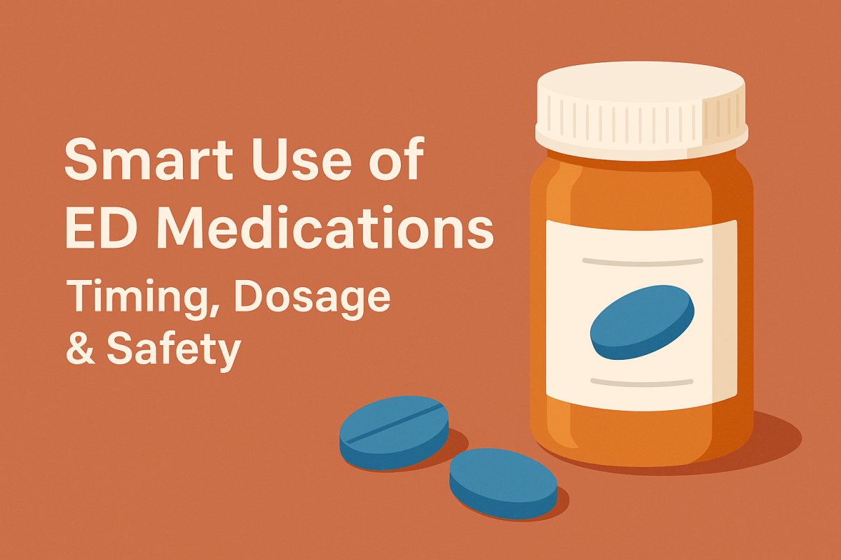 Feature image showing a medicine bottle and tablets with the title “Smart Use of ED Medications: Timing, Dosage & Safety