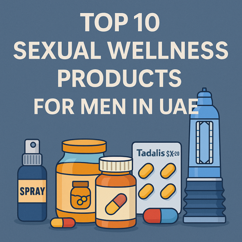 Illustration with clearly written title “Top 10 Sexual Wellness Products for Men in UAE,” featuring drawings of tablets, honey jar, spray bottle, and supplements