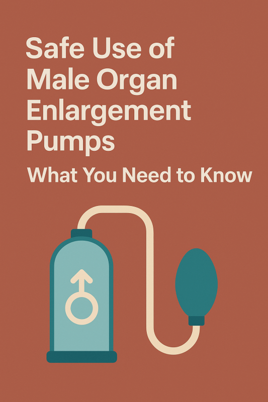 Illustration of a male organ enlargement pump with the title "Safe Use of Male Organ Enlargement Pumps – What You Need to Know" on a warm background.