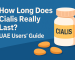 image showing a Cialis bottle and tablets beside the title “How Long Does Cialis Really Last? UAE Users’ Guide” on a clean blue background