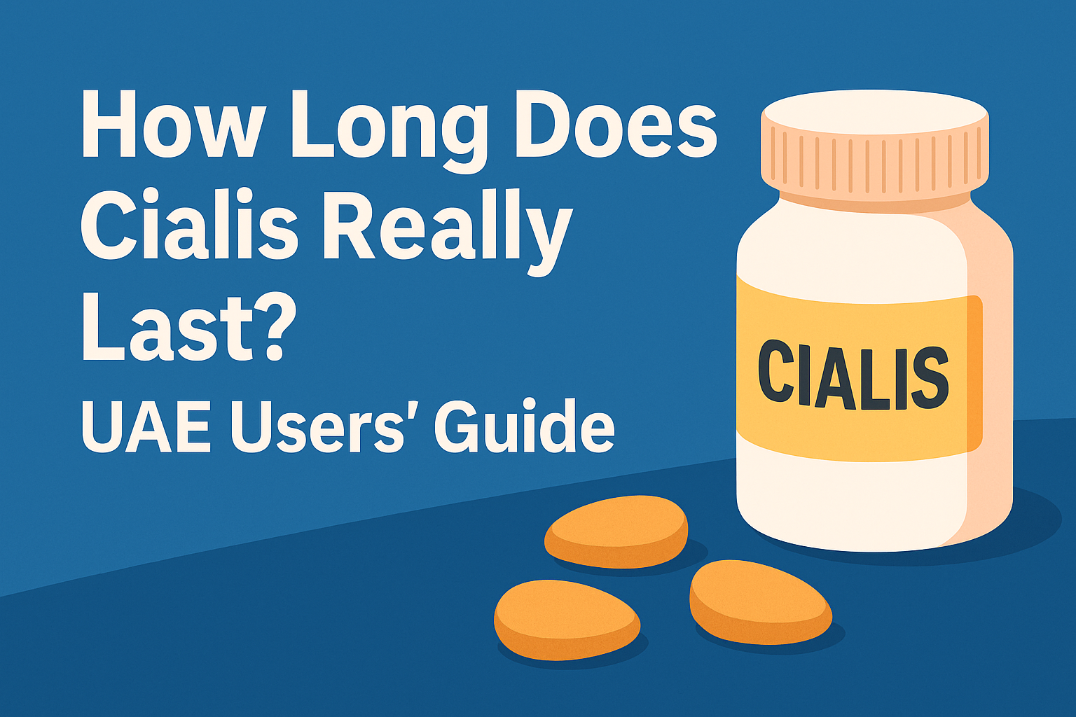 image showing a Cialis bottle and tablets beside the title “How Long Does Cialis Really Last? UAE Users’ Guide” on a clean blue background
