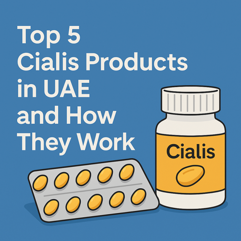 illustration with Cialis bottle and tablets arranged neatly beside the title "Top 5 Cialis Products in UAE and How They Work