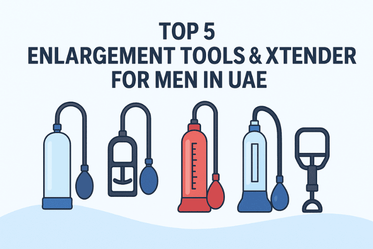 Illustrated feature image showing five enlargement tools and extenders arranged in a row under the title ‘Top 5 Enlargement Tools & Xtender for Men in UAE’ on a light blue background