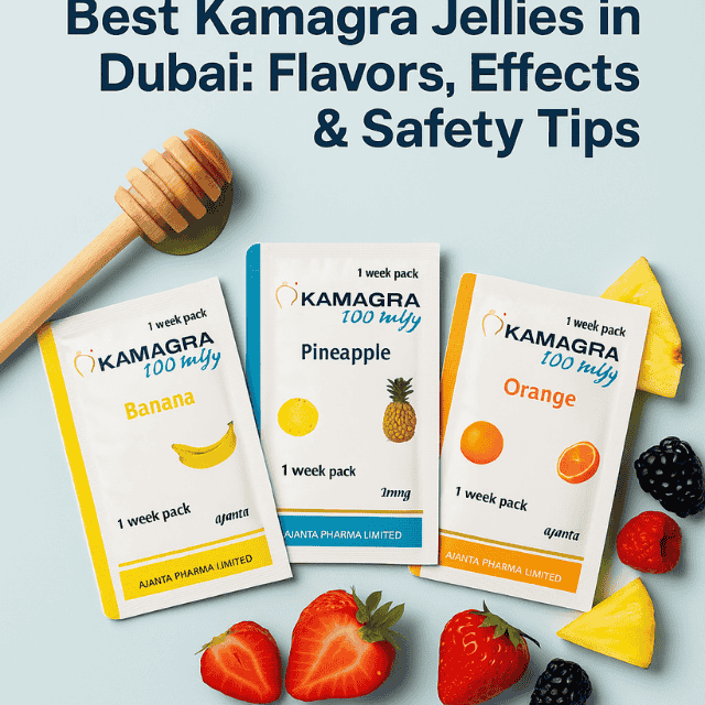 Feature image showing three Kamagra Jelly sachets in Banana, Pineapple, and Orange flavors placed with fresh fruits and a honey dipper, with the title “Best Kamagra Jellies in Dubai: Flavors, Effects & Safety Tips” displayed above.