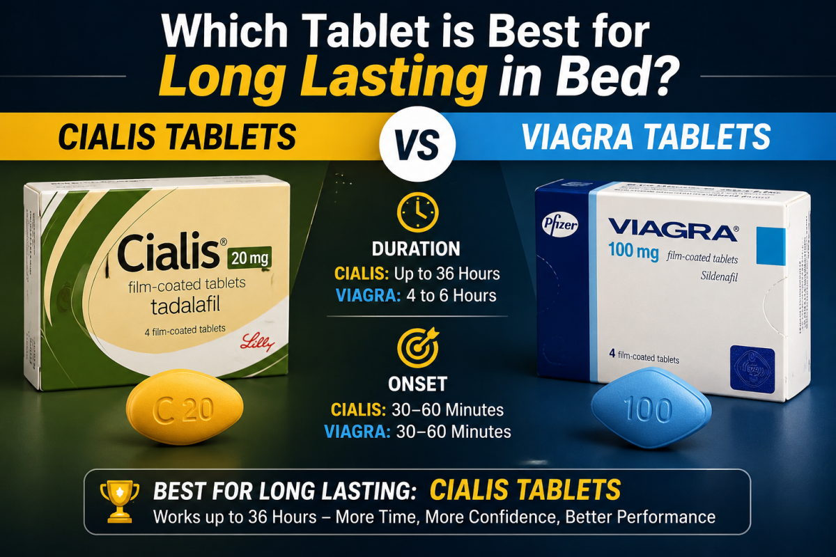 Side-by-side comparison infographic of Cialis and Viagra tablets showing differences in duration, onset time, and effectiveness for long-lasting performance.