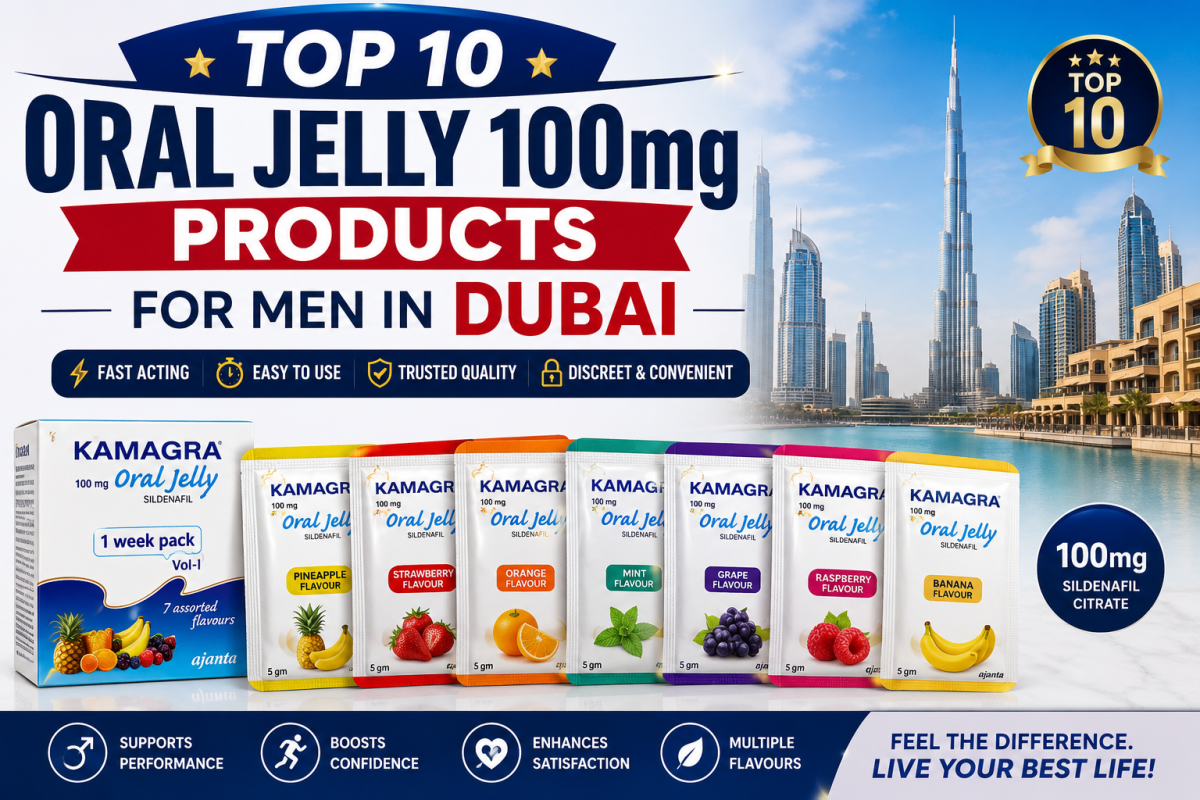 Image ALT Text: Top 10 Oral Jelly 100mg Products for Men in Dubai featuring Kamagra Oral Jelly sachets and Dubai skyline