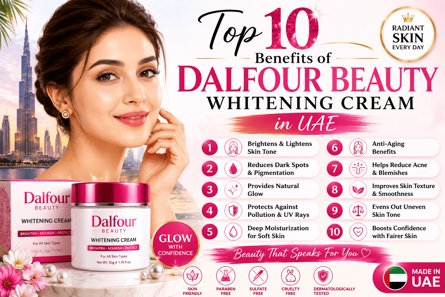 Dalfour Beauty Whitening Cream showcasing top 10 skincare benefits for brighter and smoother skin in UAE.