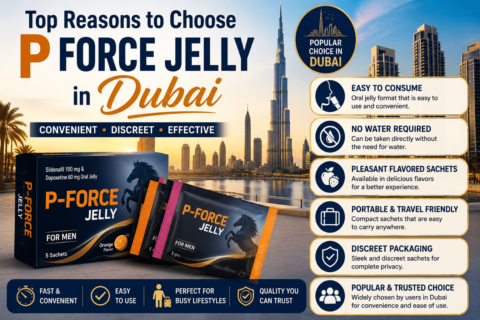 P Force Jelly in Dubai featuring convenient sachets, portable packaging, easy consumption, and user-friendly oral jelly format.