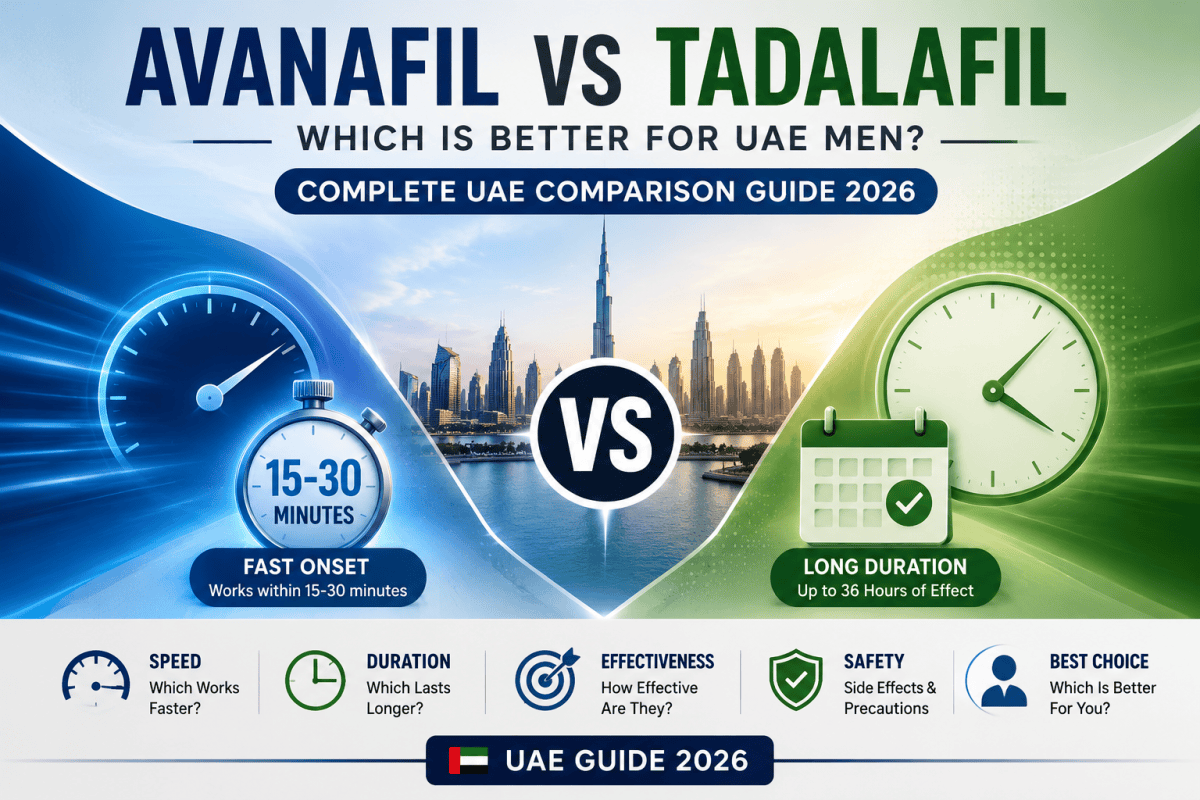 Avanafil vs Tadalafil comparison guide for UAE men showing speed, duration, effectiveness, and treatment comparison.