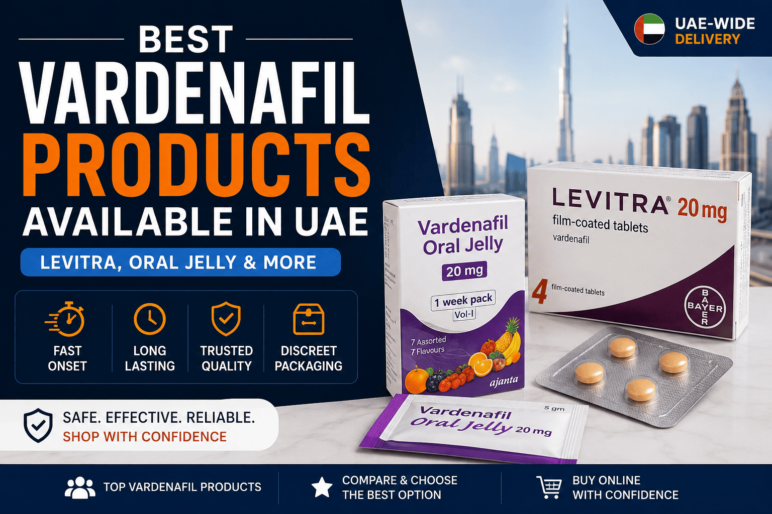 Best Vardenafil products available in UAE featuring Levitra 20mg and Vardenafil Oral Jelly comparison guide.