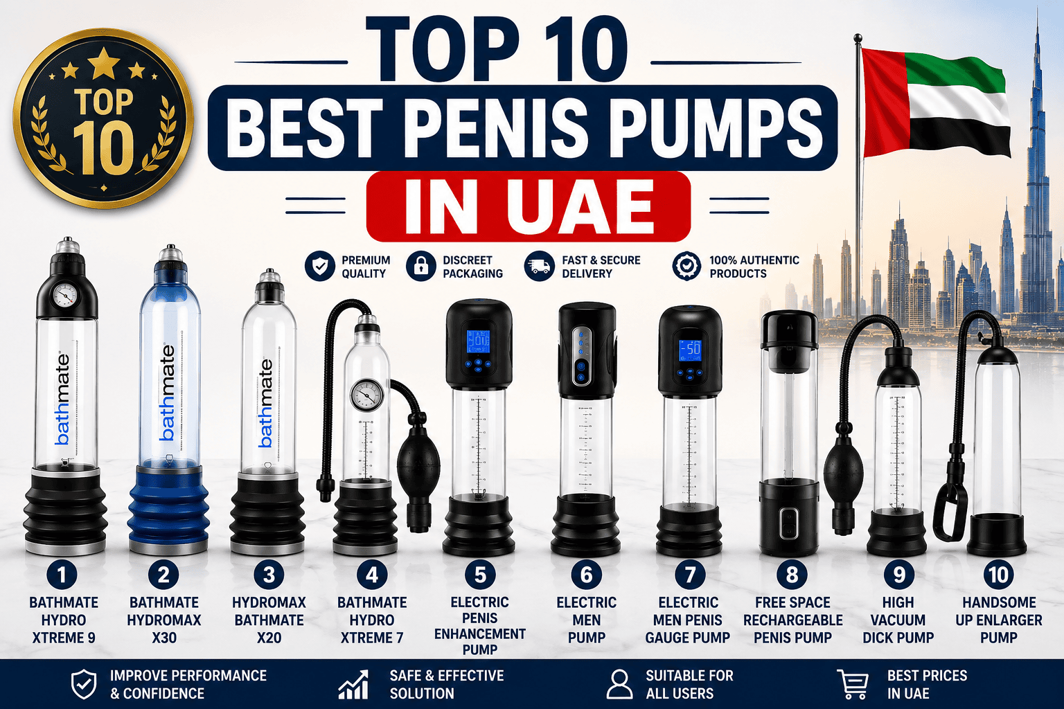 Top 10 best penis pumps in UAE featuring Bathmate hydro pumps and electric vacuum pumps