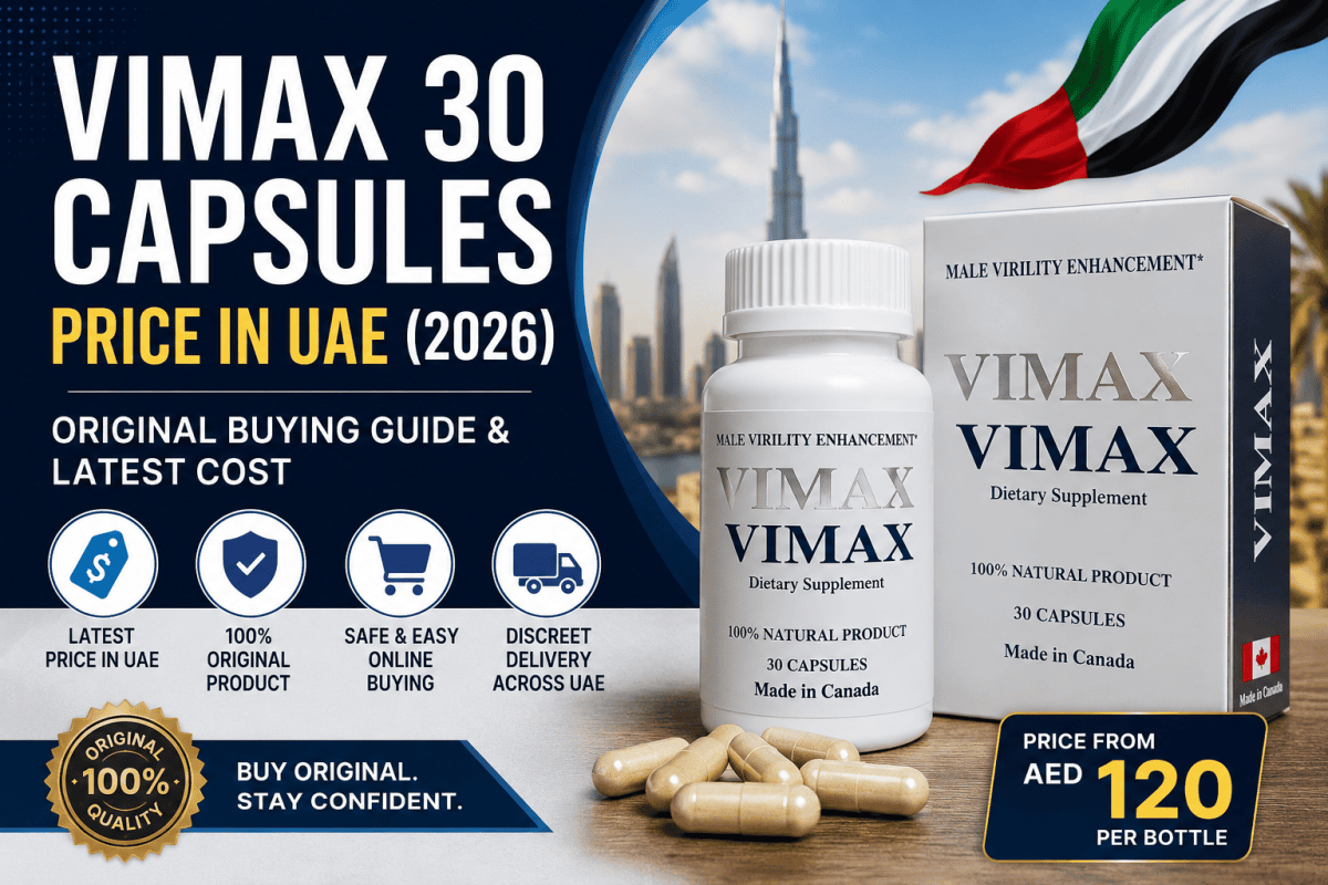 Vimax 30 Capsules Price in UAE 2026 feature image showing original buying guide with Dubai skyline and male wellness theme.