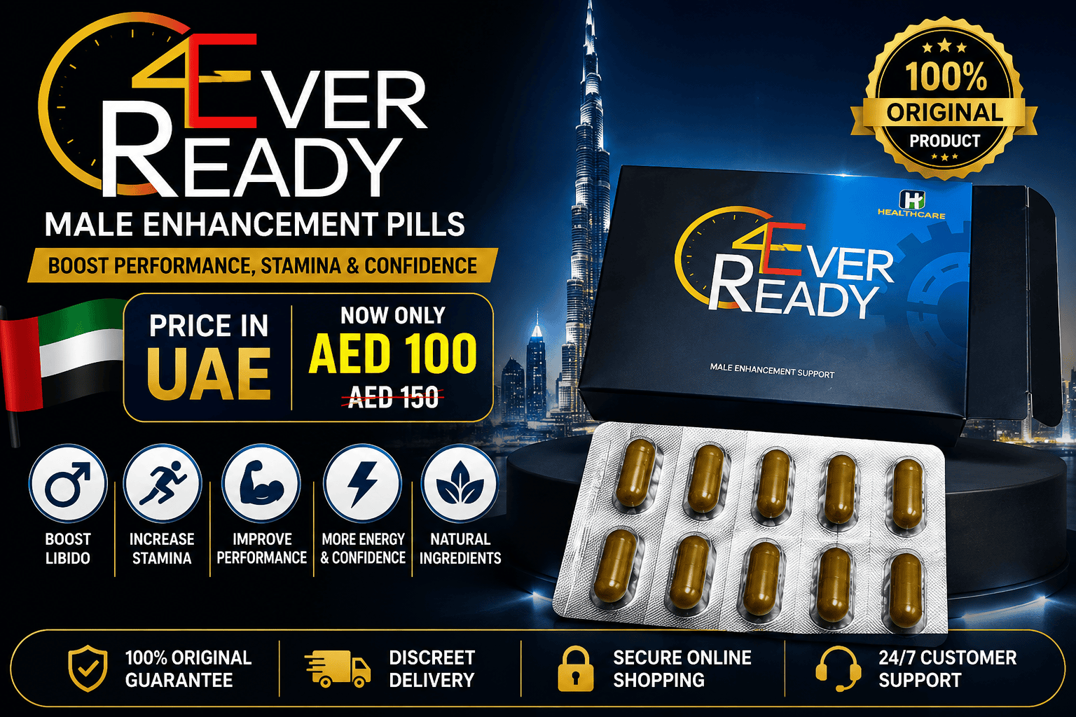 4Ever Ready Male Enhancement Pills Price in UAE feature image with original product packaging and Dubai skyline.