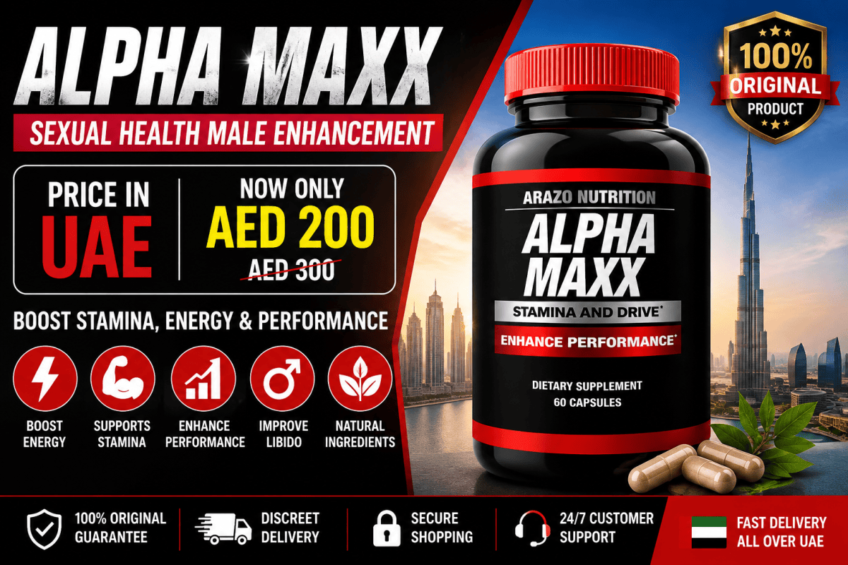 Alpha MAXX Sexual Health Male Enhancement Price in UAE feature image with original product bottle and Dubai skyline.
