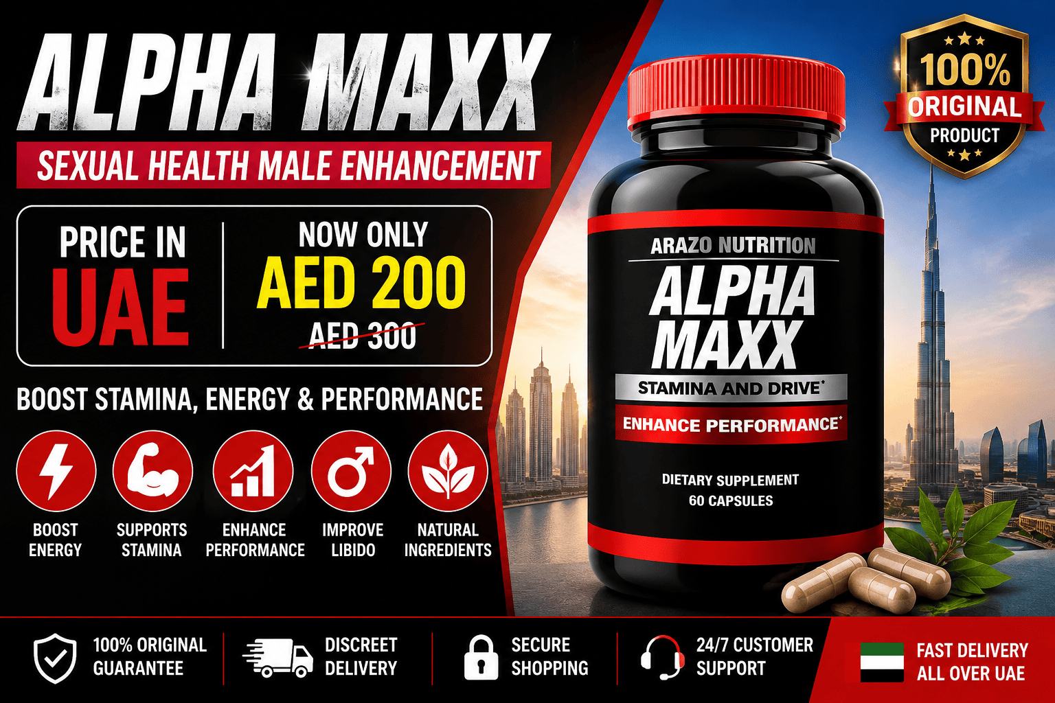 Alpha MAXX Sexual Health Male Enhancement Price in UAE feature image with original product bottle and Dubai skyline.