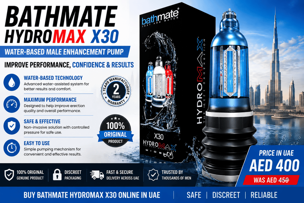 Bathmate HydroMax X30 Price in UAE feature image showing the HydroMax X30 water-based pump and packaging with Dubai skyline.