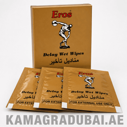 Eros Delay Wet Wipes box with individually packaged external use sachets
