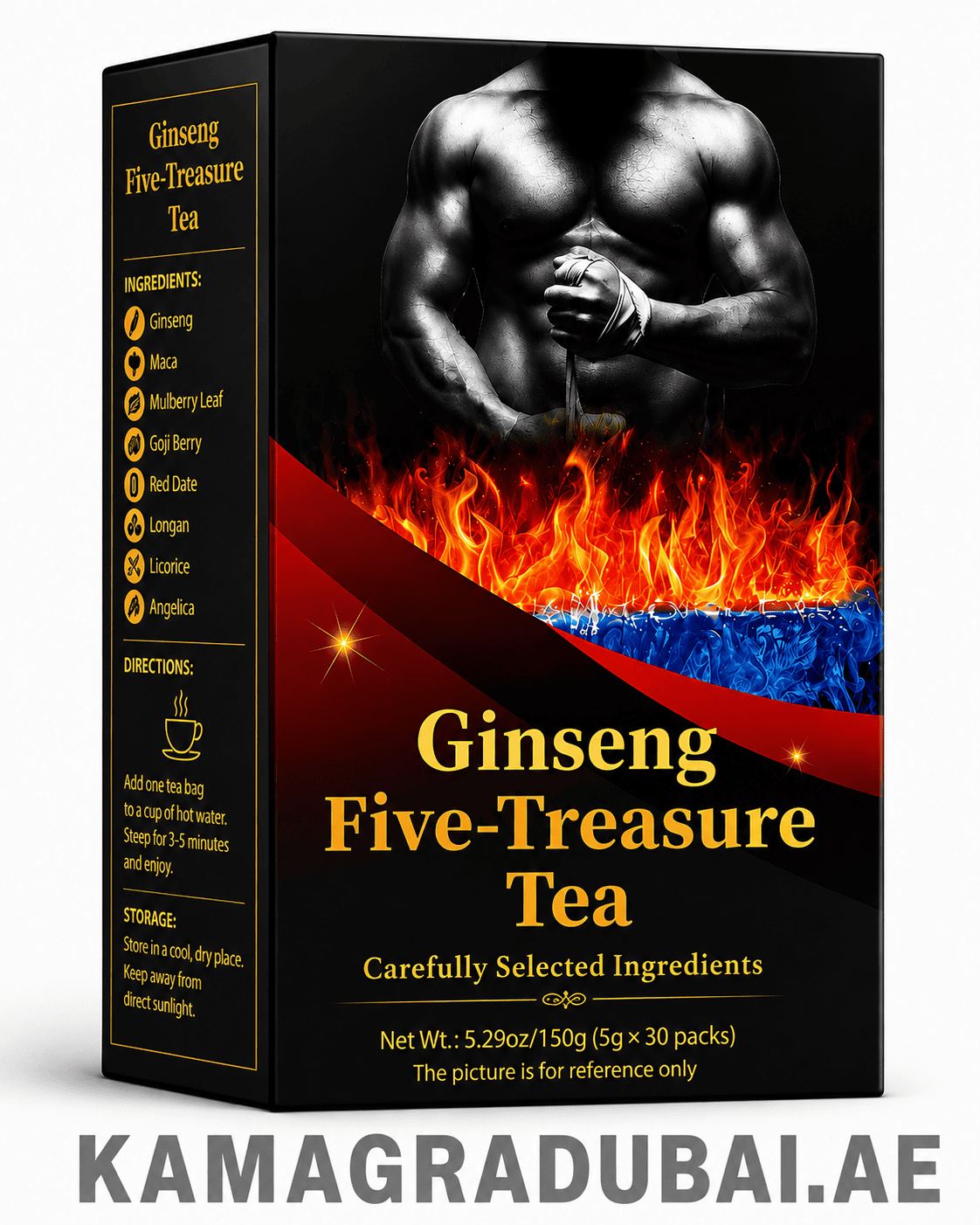 Ginseng Five-Treasure Tea – Premium Herbal Tea Blend Ginseng Five-Treasure Tea box with ginseng, maca, goji berry and traditional herbal ingredients