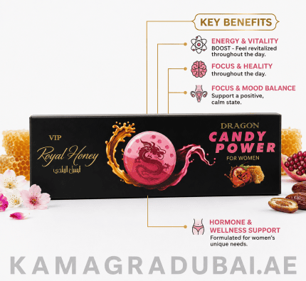 VIP Dragon Candy Power Royal Honey for Women product box with key benefits infographic