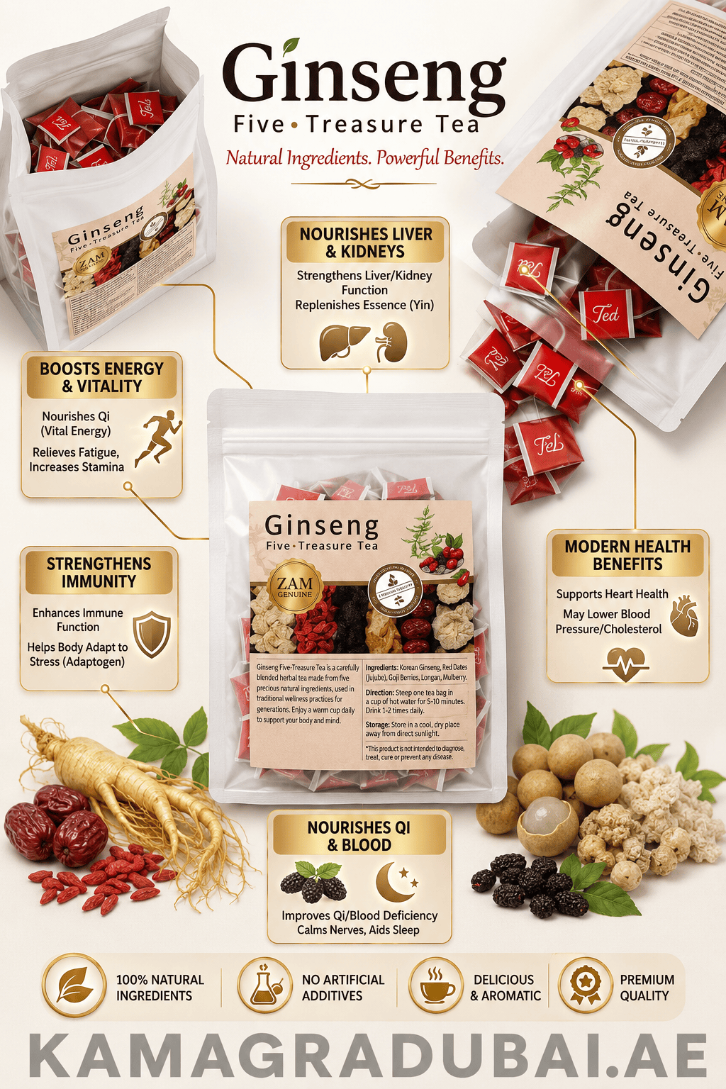 Ginseng Five-Treasure Tea with Ginseng and Maca Ginseng Five-Treasure Tea with ginseng, goji berries and traditional herbs