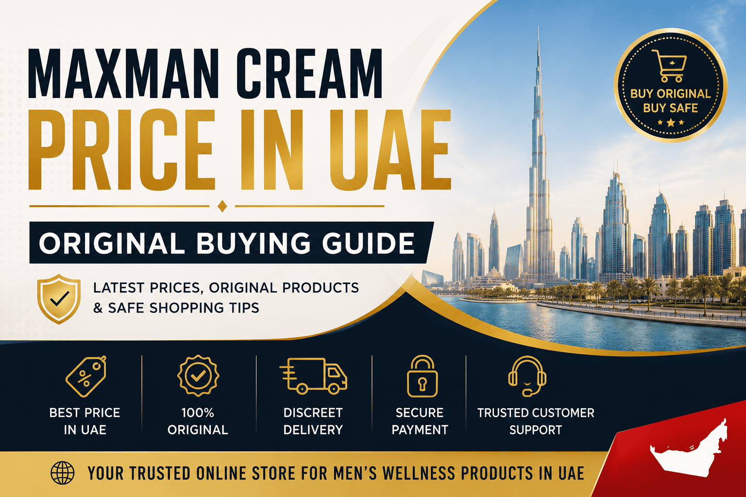 Maxman Cream Price in UAE feature image with Dubai skyline and original buying guide design.