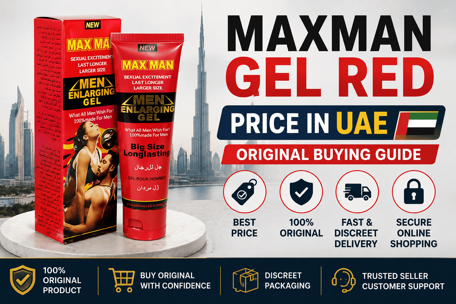 Maxman Gel Red Price in UAE feature image showing the original Maxman Gel Red packaging with a Dubai skyline background.