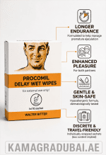 Procomil Delay Wet Wipes box showing longer endurance, enhanced pleasure, and individual sachets