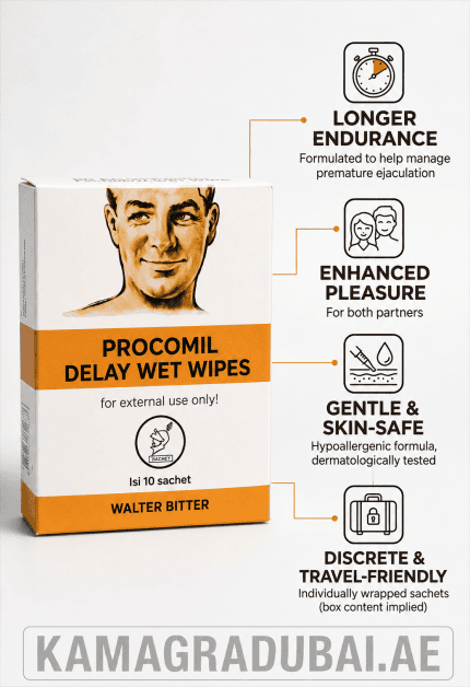 Procomil Delay Wet Wipes box showing longer endurance, enhanced pleasure, and individual sachets