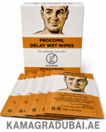 Procomil Delay Wet Wipes box and individual sachets for external use