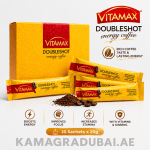 Vitamax Doubleshot energy coffee box with individual coffee sachets, coffee beans and energy coffee benefits